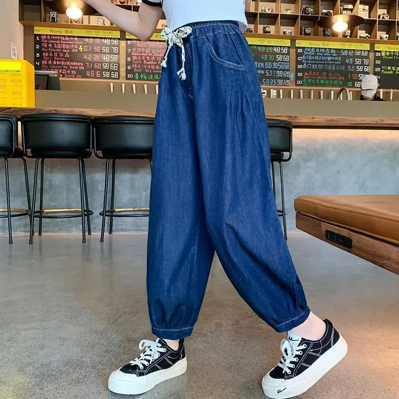 

Teen Girls' Soft Denim Pants Summer Thin Style Clean Blue Loose Fitting Harlan Cuffed Drawstring Fashionable 2023 5-14 Years Old