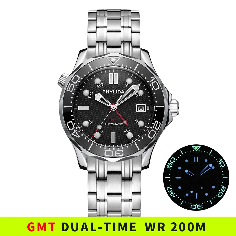NEW High Quality 20ATM Water Resistant GMT Black Wave Dial Automatic Men's Watch Sapphire Crystal Master DIVER 300M Lume Bezel |