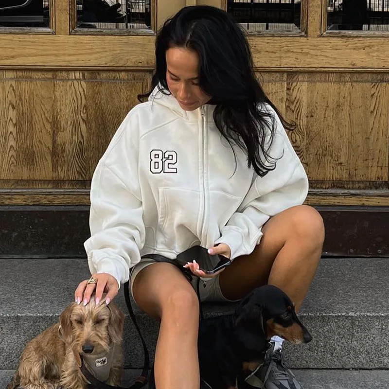 

Fashion Loose Versatile Basic Alphabet Color Clash Hooded Zipper Sweatshirt Jacket2023 NEW