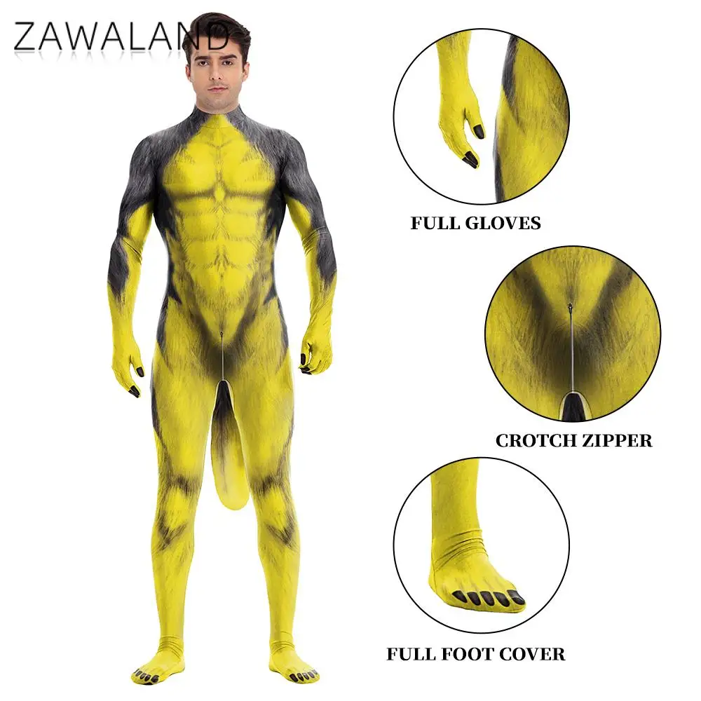Zawaland Men Yellow Wolf Cosplay Costume Animal Petsuit Fancy Carnival Zentai Bodysuit with Tail Crotch Zipper Sexy Jumpsuits