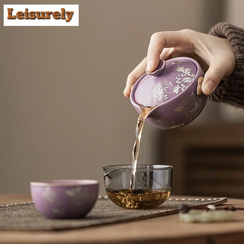 Purple Ru Porcelain Gilded Silver Peony Lotus Travel Tea Set Kit Zen 1 Pot 2 Cups Tea Making Organizer Portable Picnic Handbag