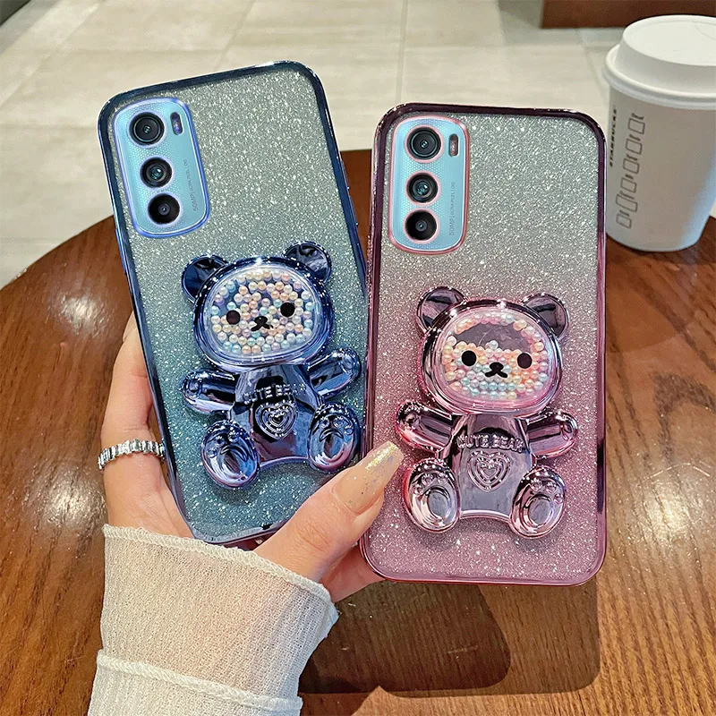 

Case For MOTO Edge 30 Motorola Moto Edge 30 Luxury Gradient Glitter Plating Quicksand Beads Cute Bear Holder Case Cover 30