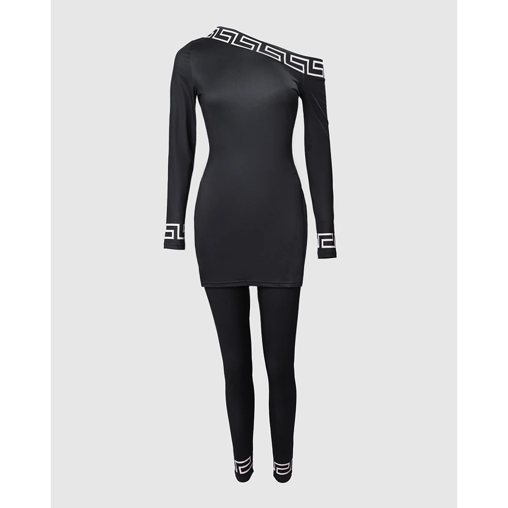 2023 Women Geo Print Split Hem Long Sleeve Top & Skinny Pants Set Casual 2 Piece Black Outfits Tracksuit Sets Woman Clothing