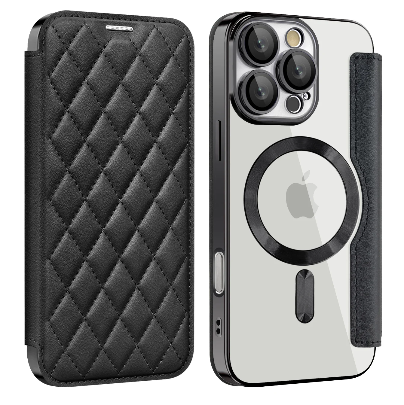 Premium Flip Magnetic Leather Case with Wireless Charging and Transparent Card Wallet Cover