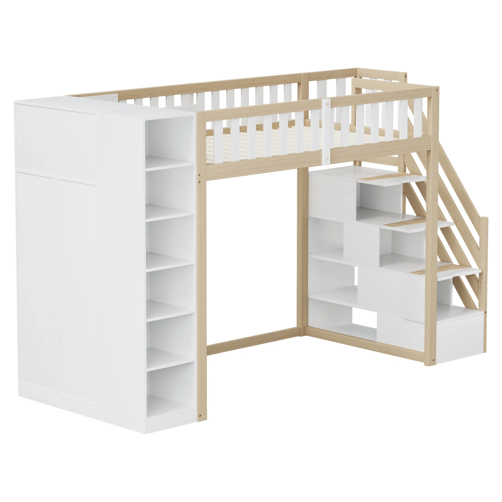 Multifunktionales Hochbett 90x200cm mit Regalen, Aufbewahrungsschrank und großem Kleiderschrank, Sicherheitsleiter mit Staufächern – Detail 17