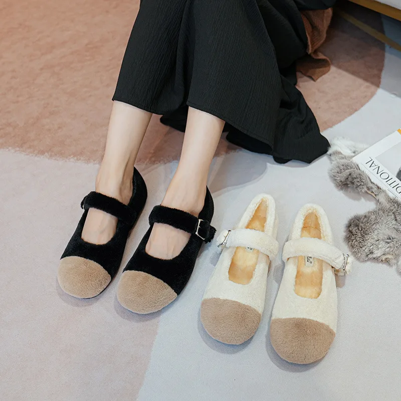 Mary Jane Woolen Shoes for Women Wearing out Autumn and Winter 2022 New Soft Sole Shoes with Large Size 33-43 Ladies Casual Shoe