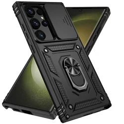Stand Rotating Slide Camera Lens Military Grade Armor Case Cover - S25FE (Black)