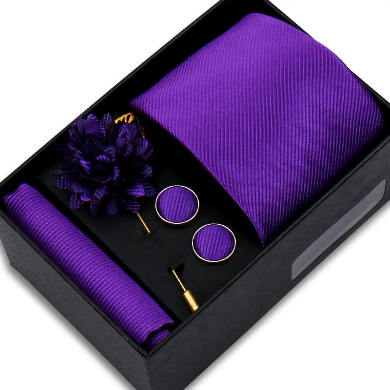 Top Quality Solid color Ties Hanky Cufflinks Brooch Set Elegant Jacquard Necktie For Men Business Wedding In Gift Box Gravatas - Image 19