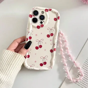Alternative view of Red Cherry Bow Wavy Cream-Edge iPhone Case with Pink Beaded Strap