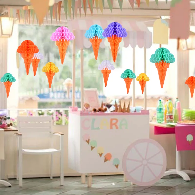 4 Stück bunte Eiscreme-Themenpapier, Wabenbanner, Girlande, Ornament für Kinder, Geburtstag, Babyparty, Hochzeit, Party-Dekoration – Detail 5