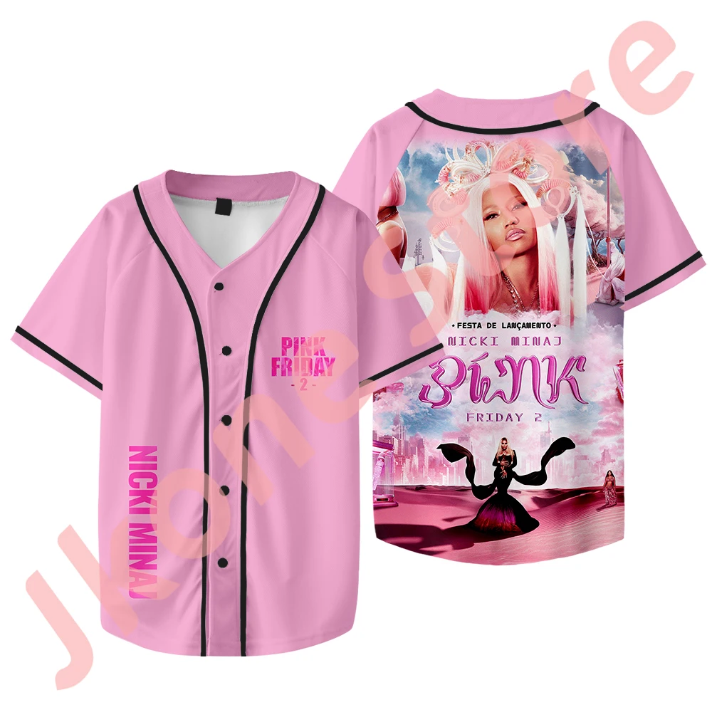 

Nicki Minaj Tour Baseball Jersey PF2 Logo Merch Tee Women Men Fashion Casual Short Sleeve Jacket Top