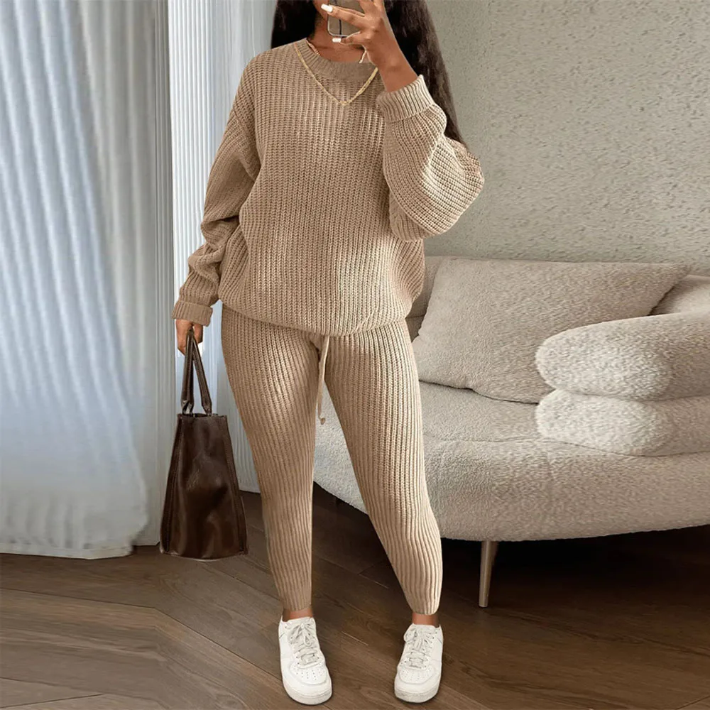 Women Knitted Sweater Sets Long Sleeve O Neck Pullovers