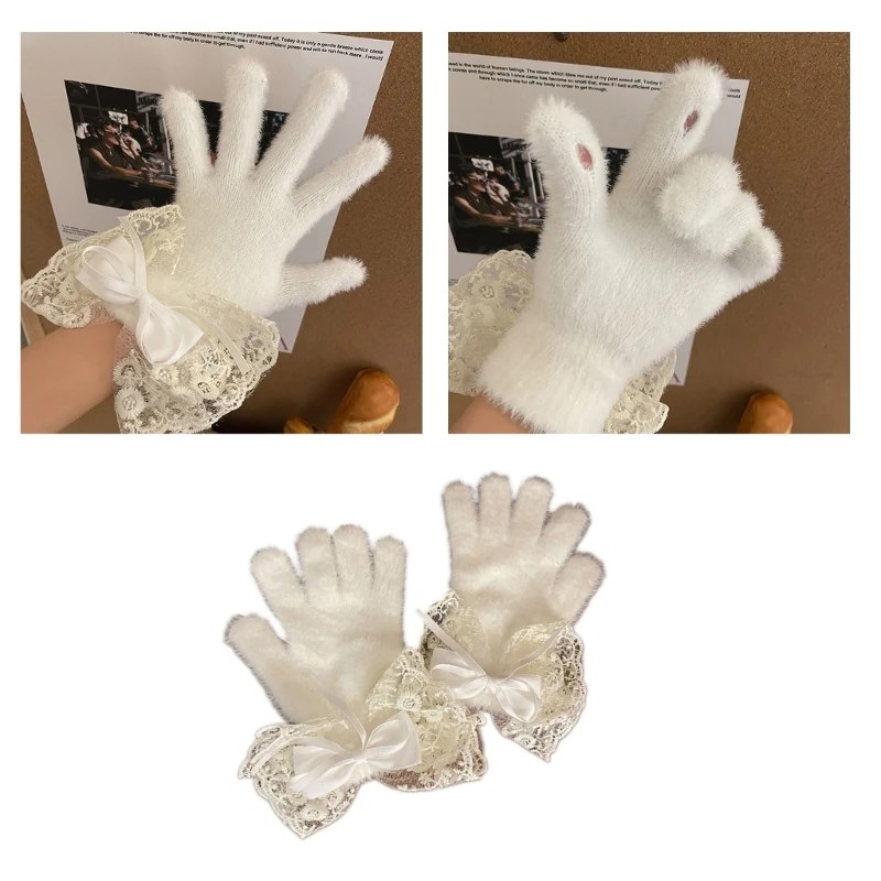 

Y2K Bow Winter Warm Gloves Furry Full Finger Gloves with Elegant Lace Cold Weather Insulated Outdoor