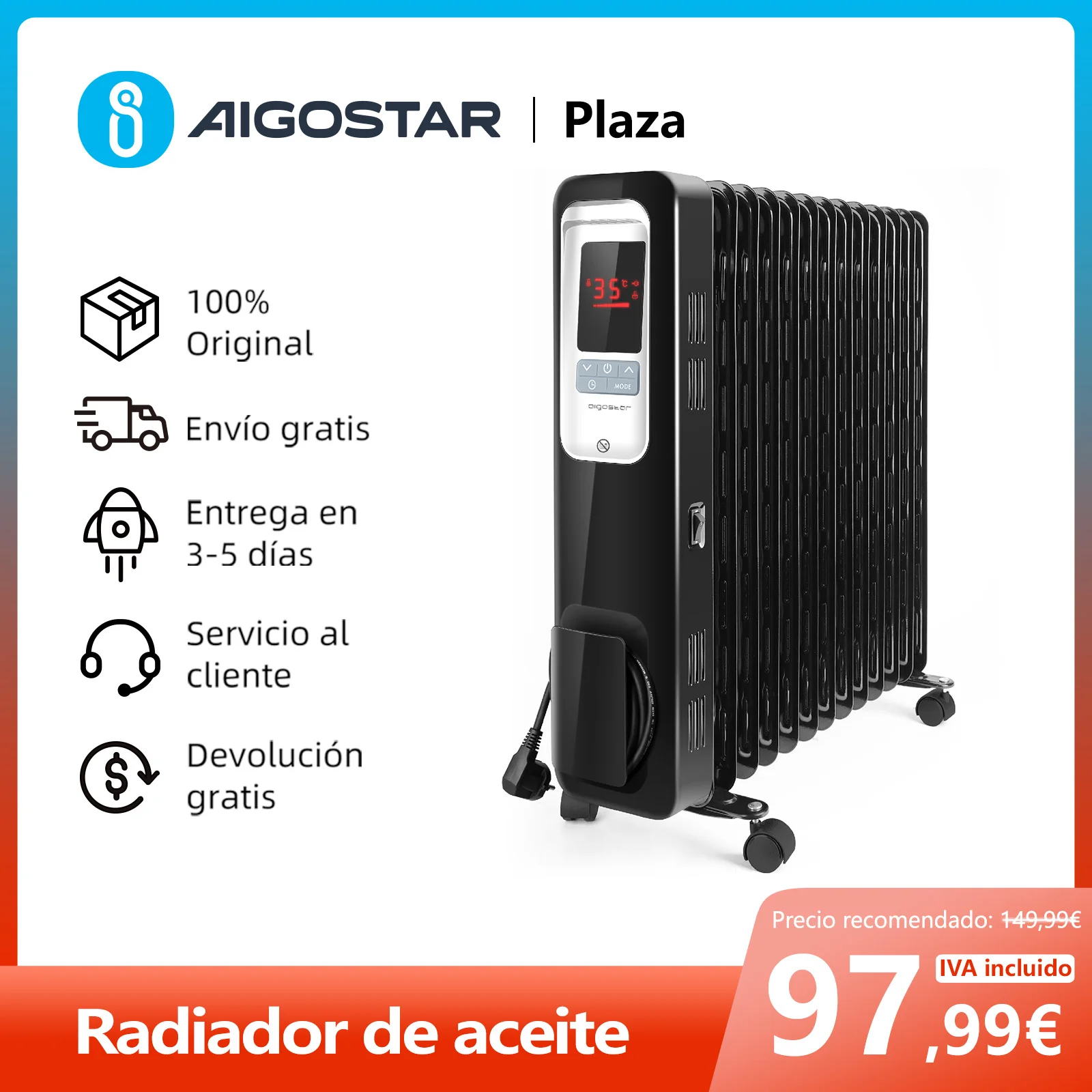 13 Elements Oil Radiator, Remote Control, LED Display, 2500 W, 3 Modes u0026  Echo, Energy Saving, Anti-Tip Protection, 4 Wheels, Recommended for Stays  25 ing