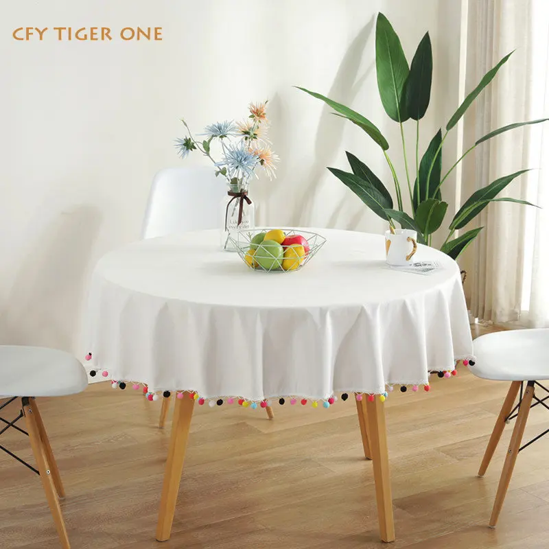 

American Colored Hair Ball Tassels Round Tablecloth Coffee Table Cover Round Tassel Table Cloth for Party Dining Room