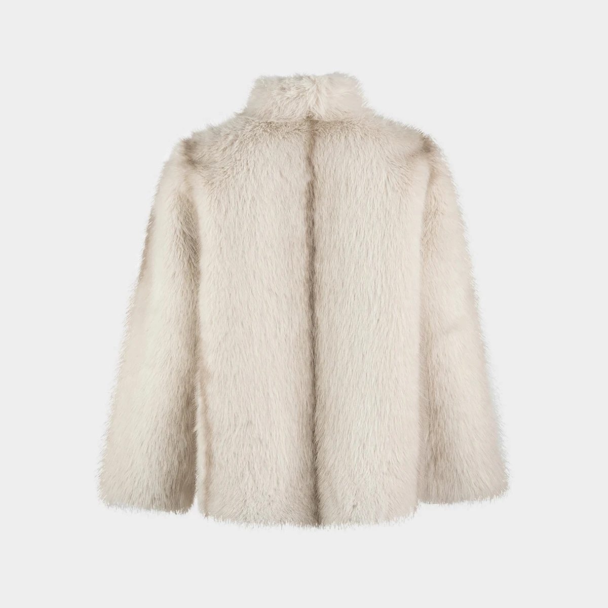 Women's Beige Cropped Fluffy Faux Fur Coat Button Stand Collar Winter Warm Thick Elegant Luxe Chic Outerwear