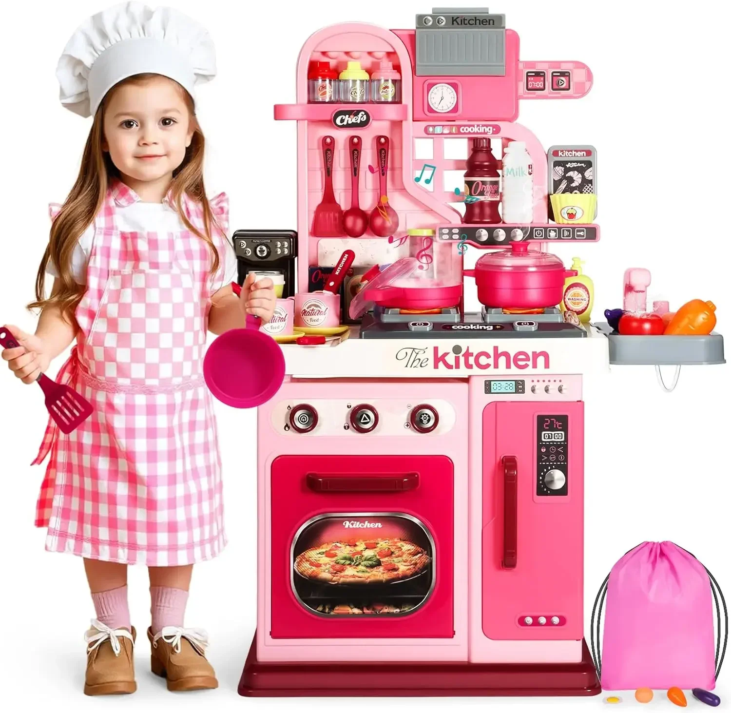 Kitchen Toys Pretend Kitchen Toys Kitchen Sink Toys Kids Kitchen Playset Kitchen Set for Toddlers 1-3 3-5 Cooking Stove Play Sink and Kitchen Accessories Toy (Pink)