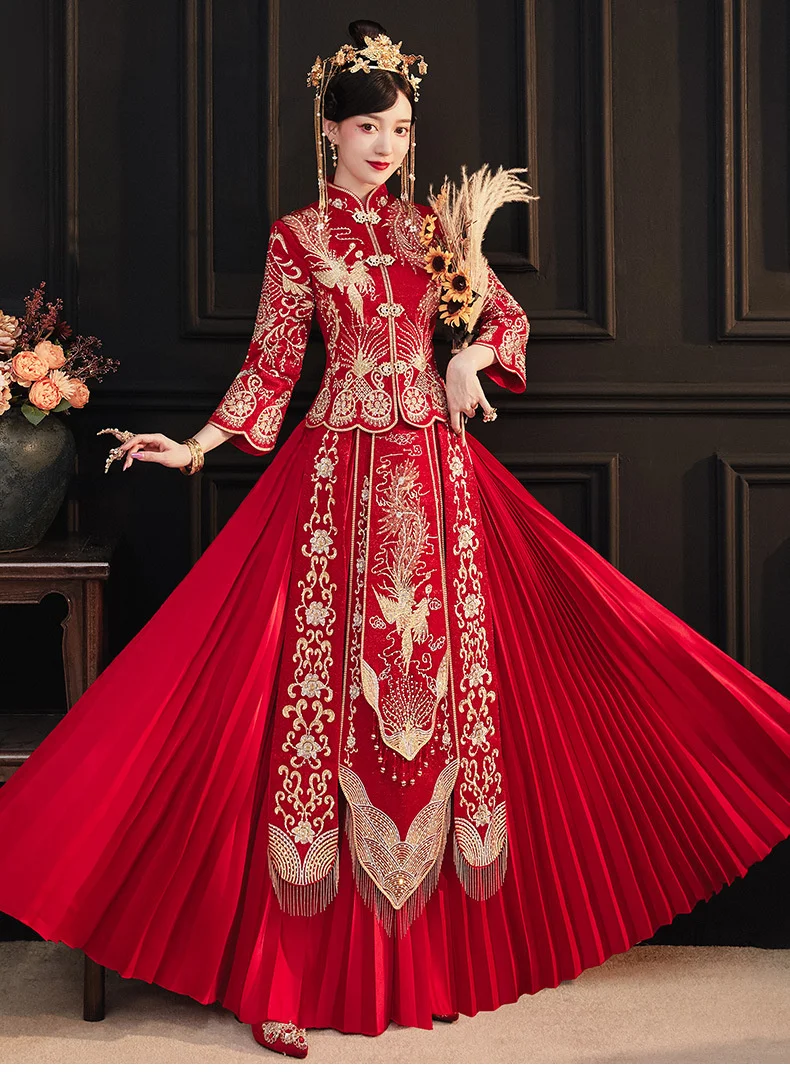 شيونغسام هانفو التطريز التنين فينيكس الصينية التقليدية زوجين الزفاف دعوى شيونغسام أنيقة العروس خمر تشيباو فستان