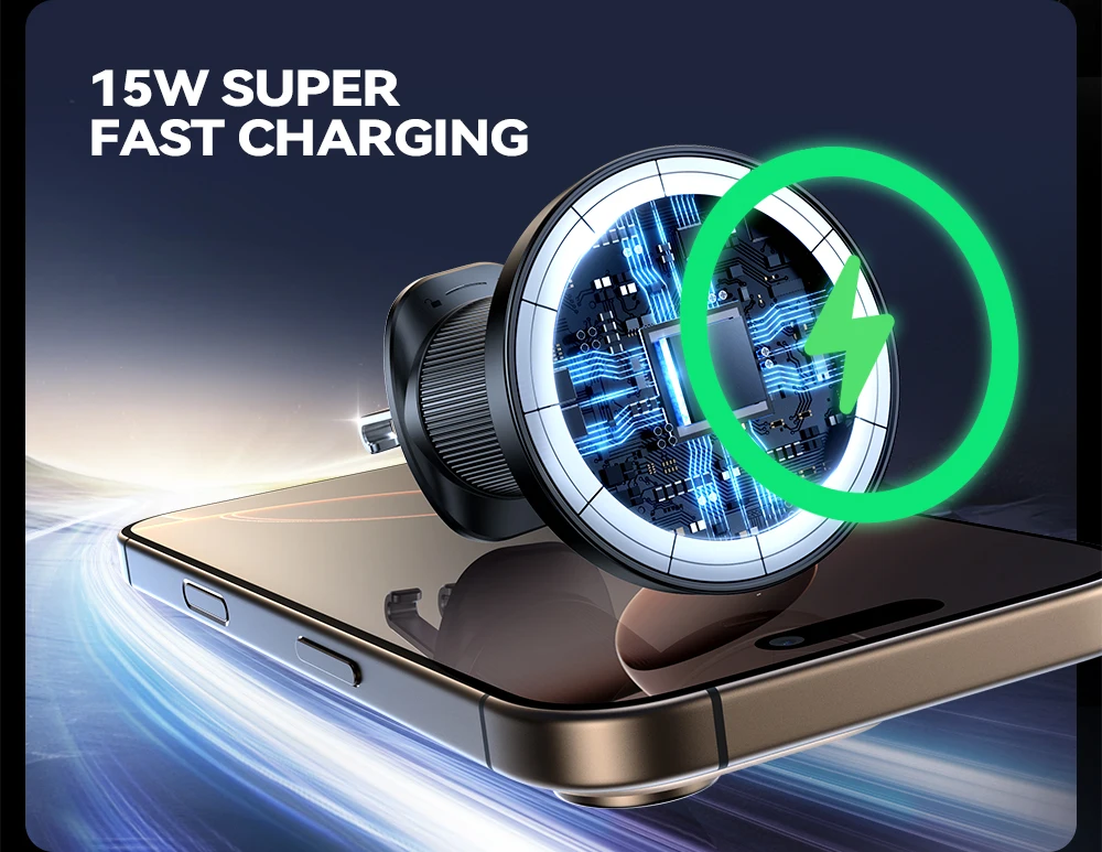 15W Wireless Charging Magnetic Car Phone Holder One-Handed Operation 360° Adjust