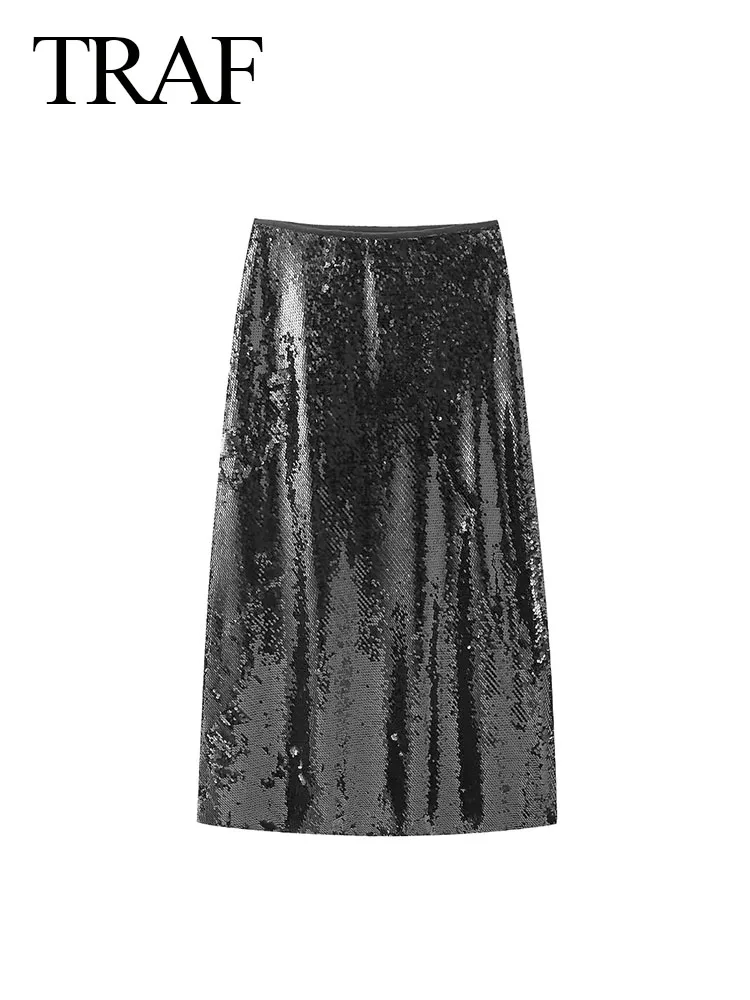

TRAF 2024 Female High Street Skirts High Waist Sequin Decoration Elegant A-Line Skirts Woman's Fashion Spring Chic Long Skirts