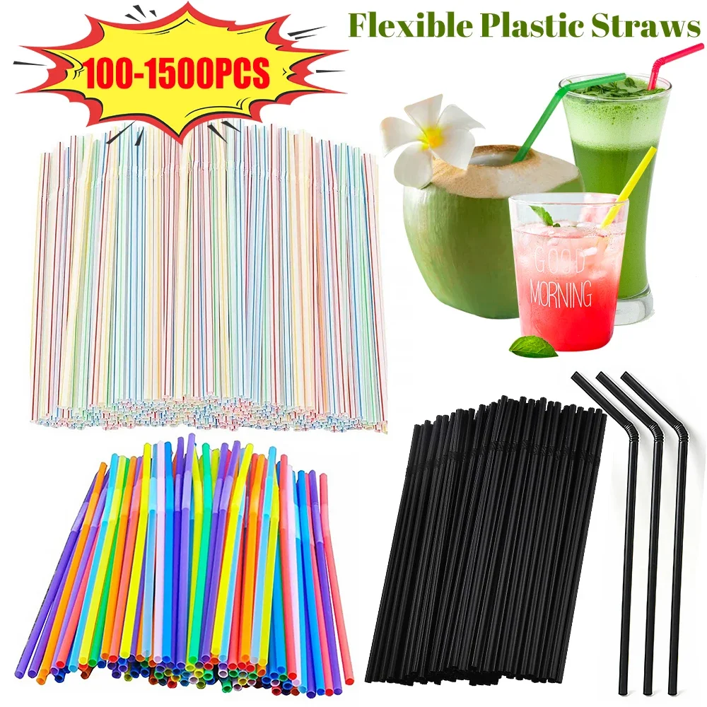 100-1000Pcs Drinking Straws Colorful & Black rietjes Flexible Wedding Party Supplies Drinking Milk Straws Kitchen Wholesale