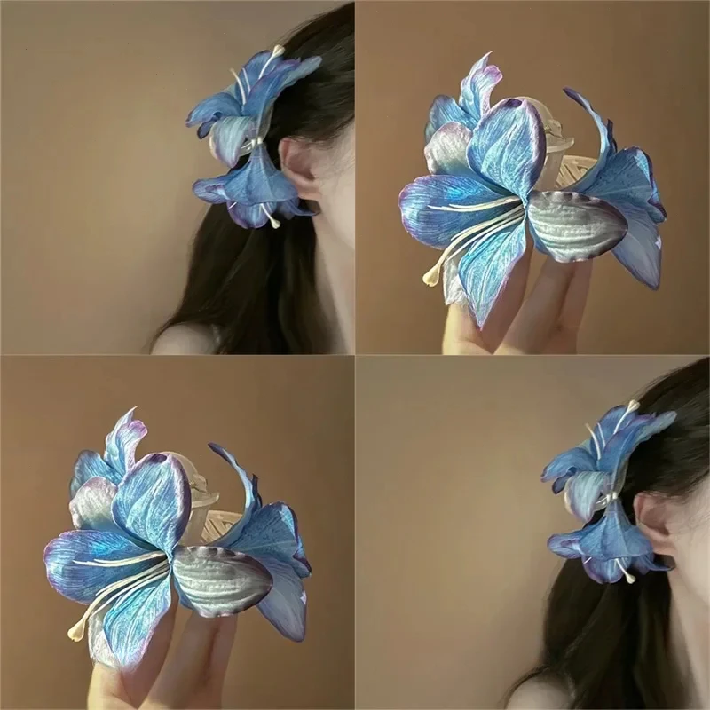 Blue Lily Flower Hair Clip New Chinese Style Fashion Hairpin, Round Side Hair Accessory for Women Elegant Design  헤어 액세서리