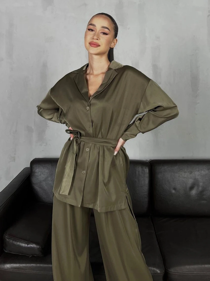 Marthaqiqi Fashion Women Sleepwear Suit Sexy Turn-Down Collar Nightwear Long Sleeve Lace Up Pajama Wide Leg Pants Nightgowns Set