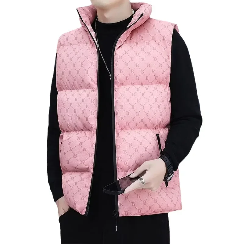 Autumn/Winter Trendy Men's Stand Collar Cotton Vest Casual Fashionable Motorcycle Rider Jacket for Youth Letter Outerwear
