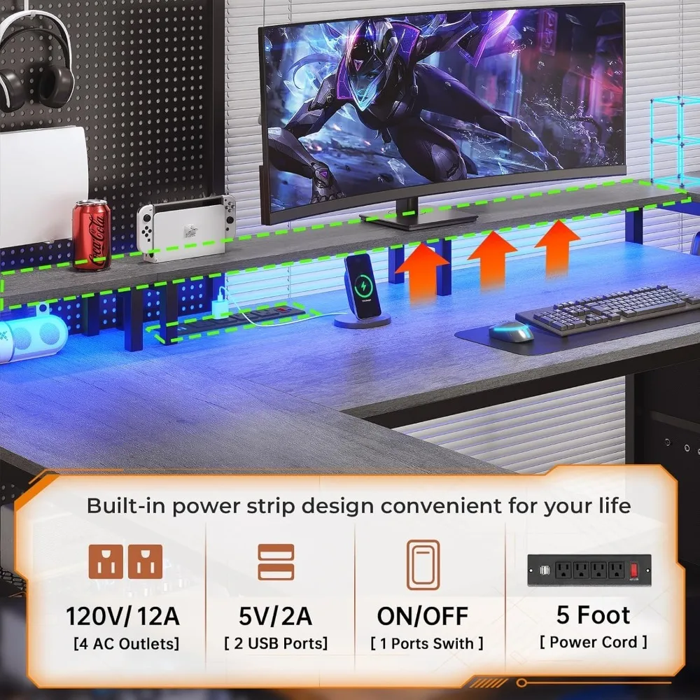 67" L Shaped Desk with Drawers,Computer Office Desk with Storage Shelves & Power Outlet, Reversible Gaming Desk with LED Lights 5