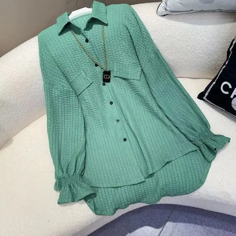 Office Lady Single-breasted Loose Blouse Spring Autumn Commute Turn-down Collar Women's Clothing Korean Stylish Irregular Shirt