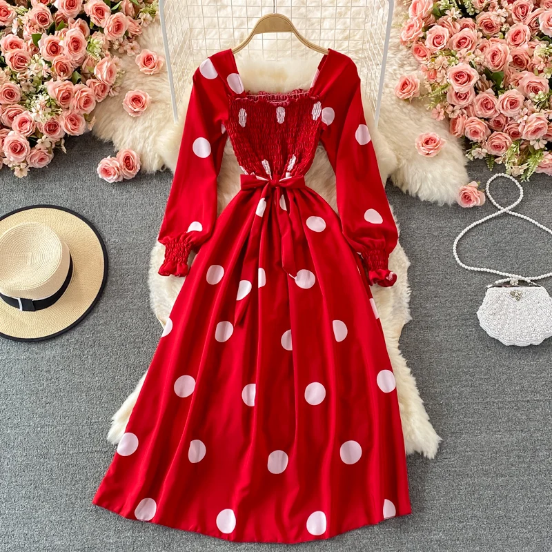 

Elegant Women's Midi Dress Fashion Polka Dot Square Collar Puff Long Sleeve A-line Dresses 2022 Autumn New Slim Party Frock
