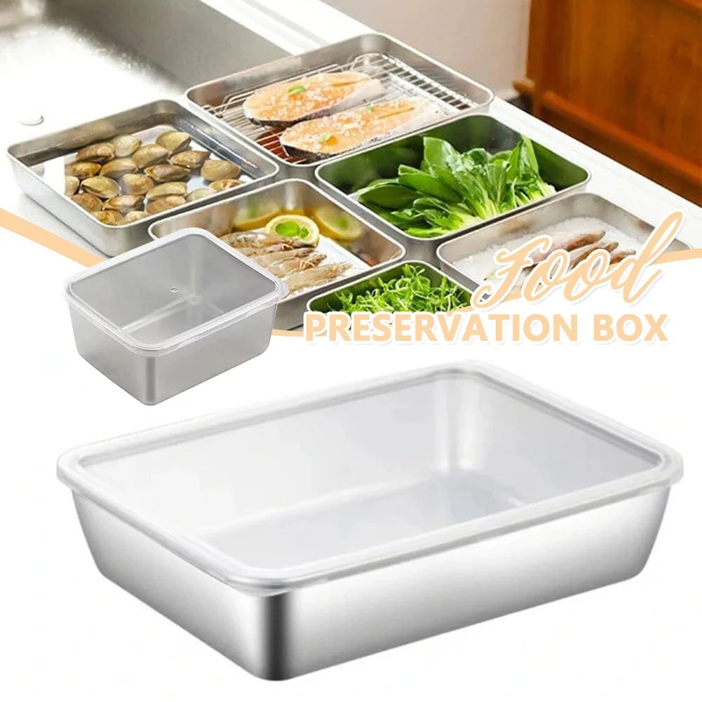 Large Capacity Metal Food Serving Plate With Lid Rice Noodle Pan Stainless Steel Rectangle Tray Home Lunch Bento Dishes Storage
