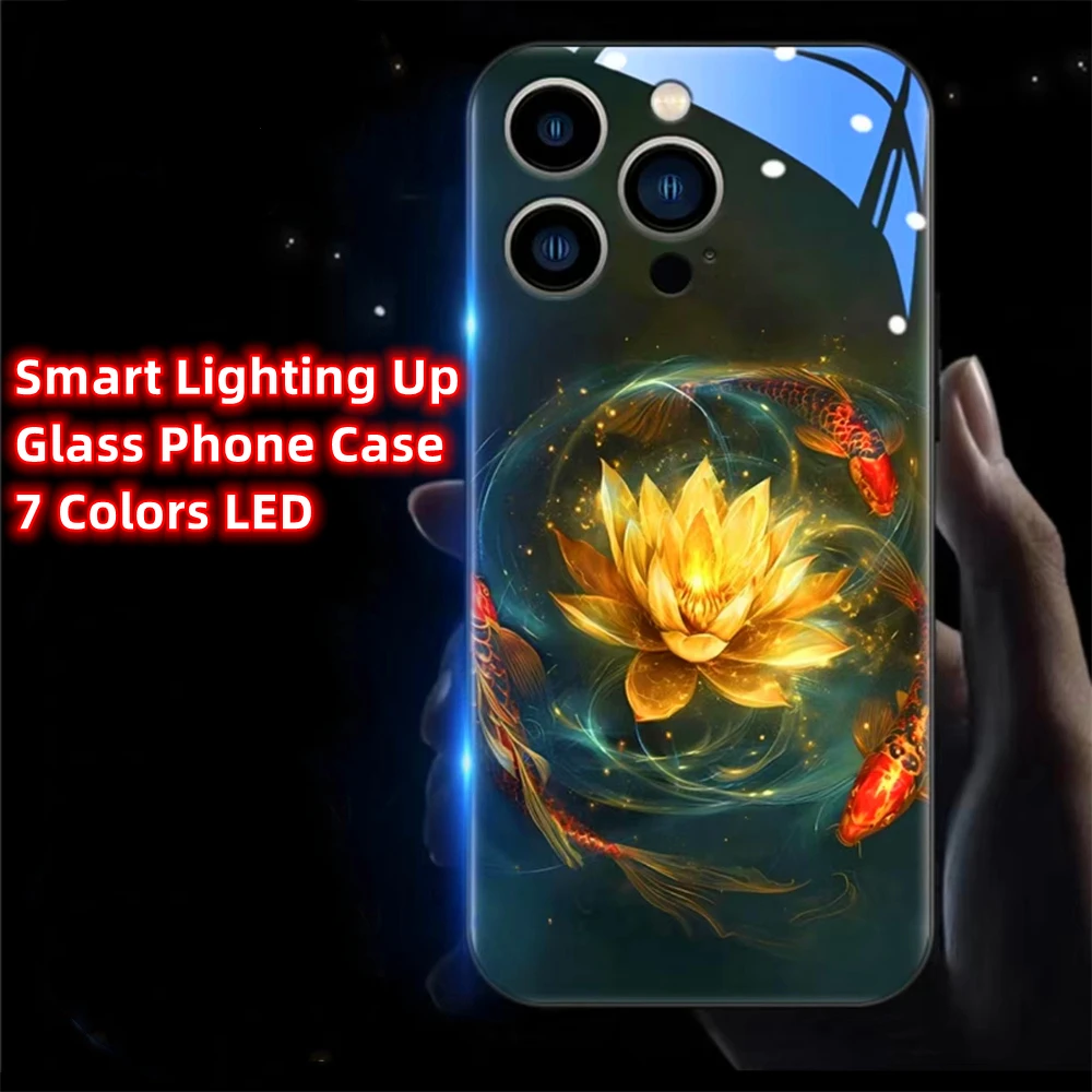 

Lucky Carp Golden Lotus Sound Music Control Led Light Glowing Phone Case For iPhone 15 14 13 12 11 Pro Max X XR XS Plus SE2020