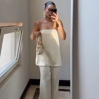 HXAO Satin Pant Sets Women's Two Pieces Set Strapless Off Shoulder Tube Vest 2 Piece Sets Woman Outfit High Waist Trousers Sets - Image 5