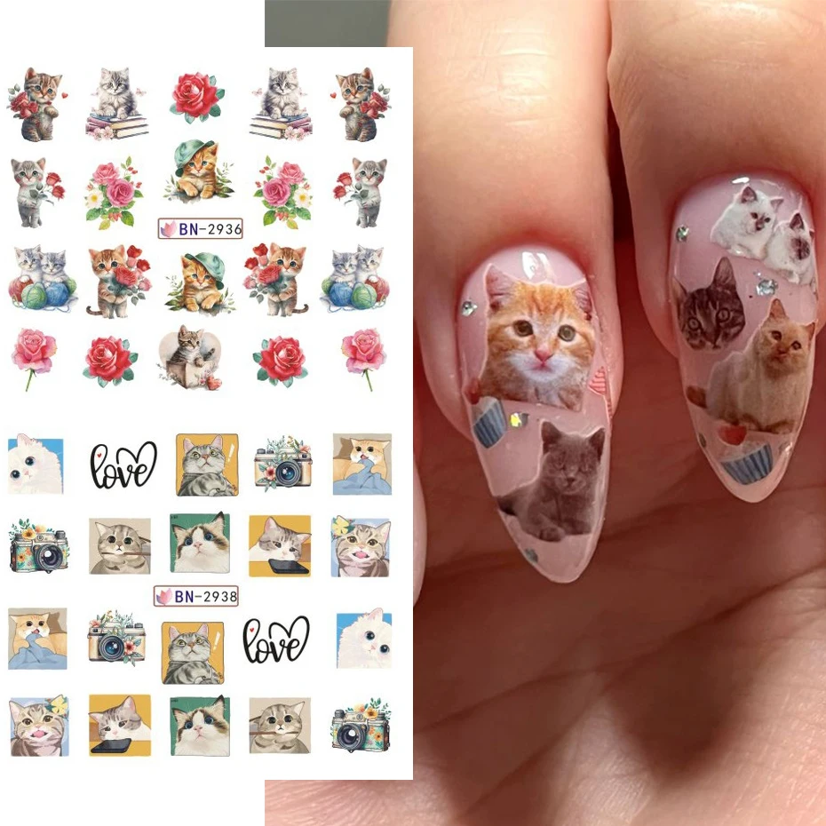 12pcs Cute Cat Nail Water Sticker Kawaii Anime Watercolor Design Foil for Nail Decals Cartoon Watermark Transfer Manicure Slider 6