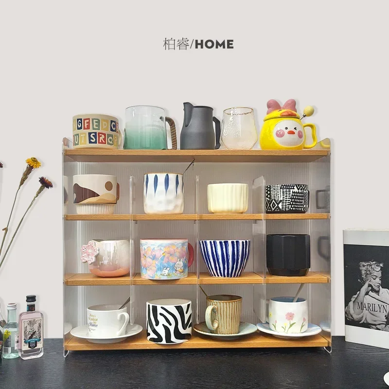 Nordic Acrylic Glass Storage Holder, Detachable Tea Set and Coffee Cup Organizer, Desktop Wooden Partition Rack 4