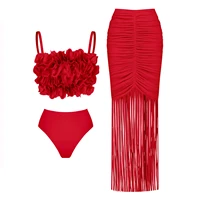 2025 Solid Red Flower Bikini Swimsuit Luxury Women Swimwear Sexy Swim Suit Deep V Monokini Off Shoulder Bodysuit Bathingsuit - Image 4