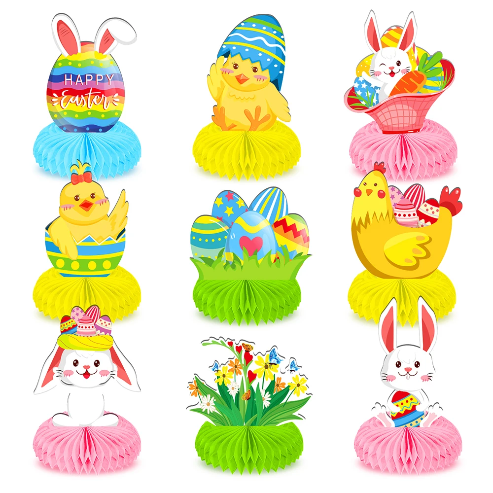 

9pcs Cartoon Rabbit Chick Spring Happy Easter Day Birthday Party Paper Honeycomb Crafts Baby Shower Party Table Backdrops Decors