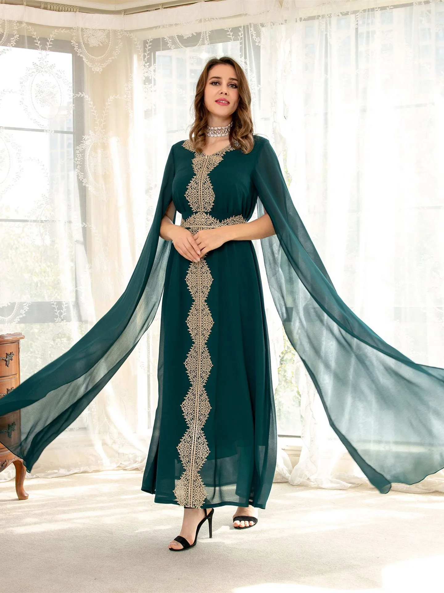 

Newest Fashion Chiffon Muslim Dress Robe abaya syari female Embroidery Evening Gown Muslim abaya Worship Service abayas wy777