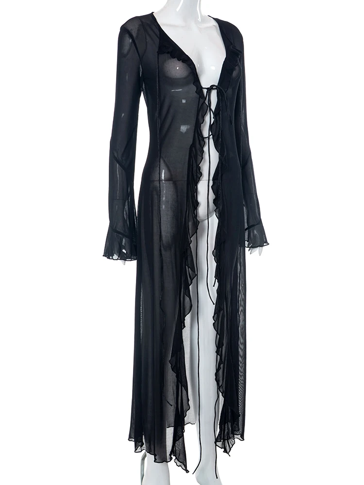 Cárdigan largo de malla para mujer, de verano, liso, con cuello bajo, manga larga y volantes, sexy, transparente, tendencia