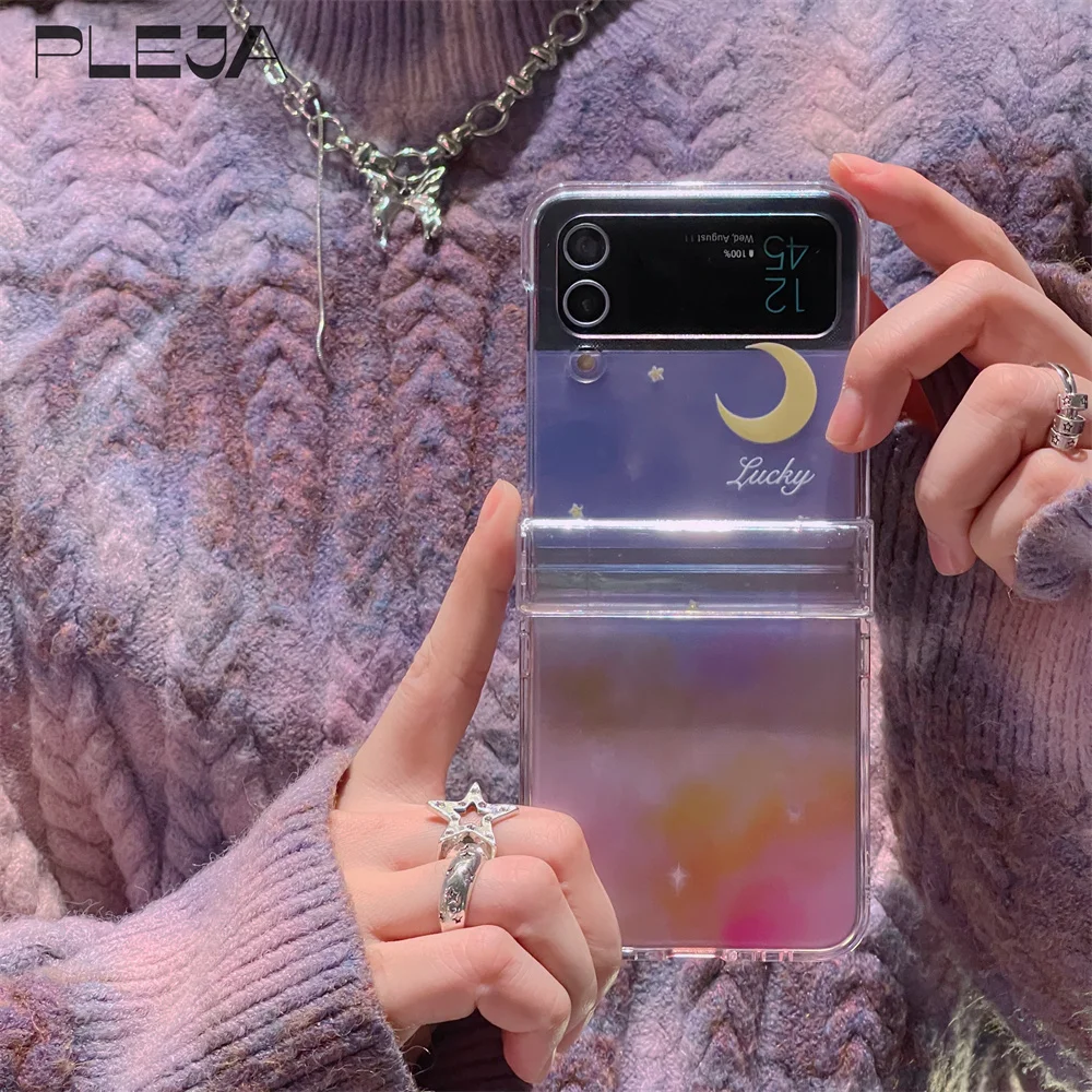 Cute Gradient Sky Moon Clear Phone Case For Samsung Galaxy Z Flip 5 4 3  Flip3 Flip4 5G Cases Korean Transparent Protective Cover