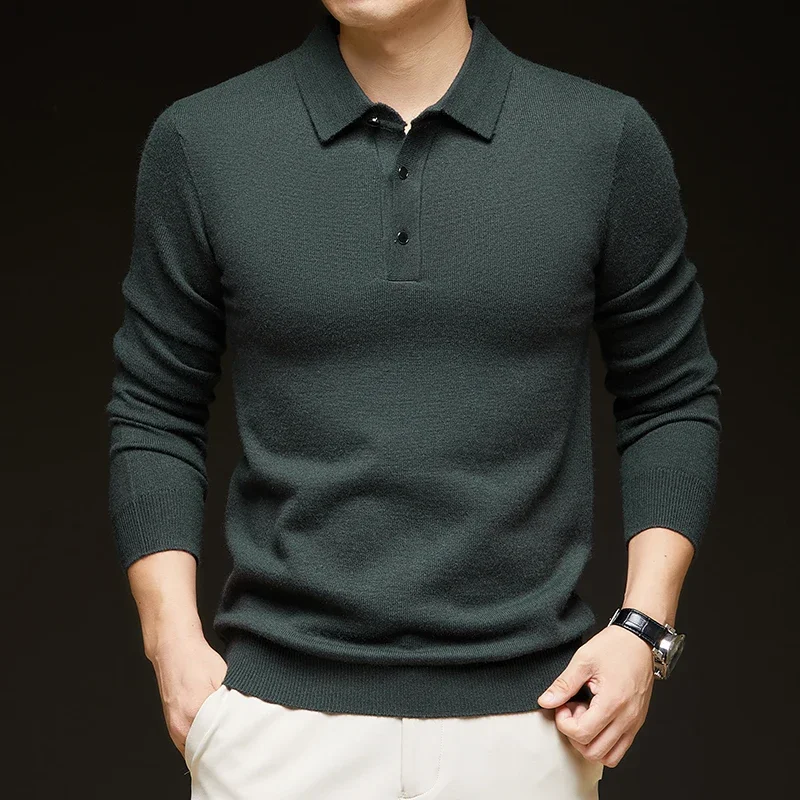 Men's Autumn Winter Lapel Wool Knitted Sweater Long-Sleeved Solid Color Thickened Polo Shirt Bottoming Layering Top 5