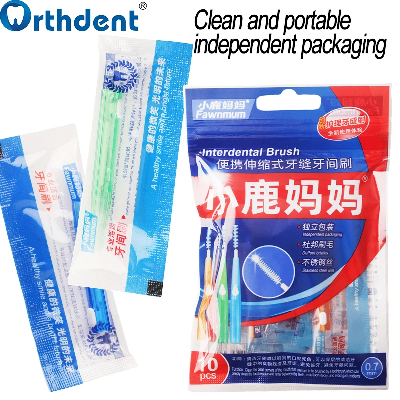 10 개/가방 치간 브러쉬 치과 휴대용 치아 사이 브러쉬 0.6-1.0mm 교정기 청소 치과 의사 구강 위생 관리 도구