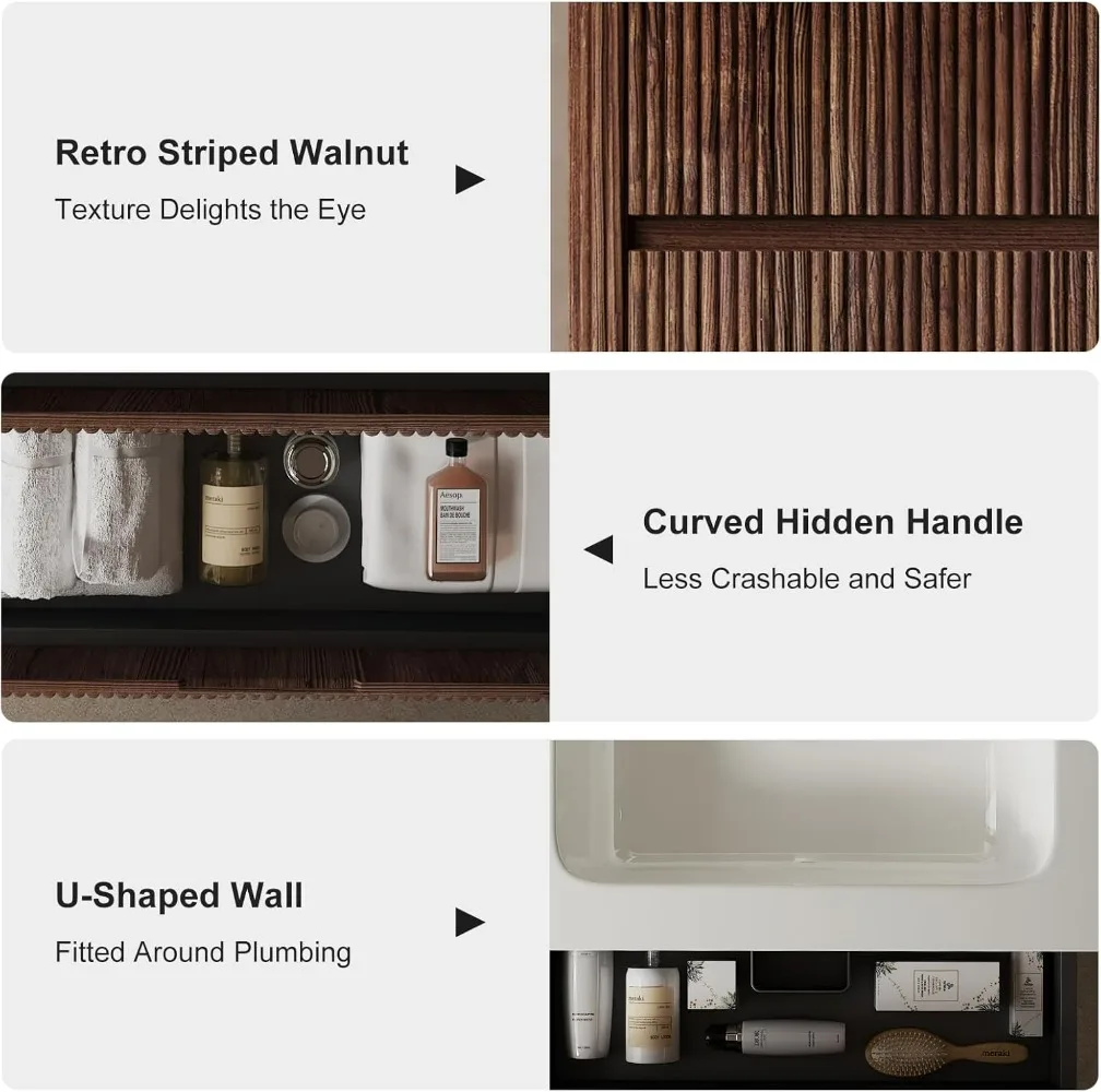 36" Floating Bathroom Vanities Cabinet with Sink Set, Modern Wall Mounted Storage Cabinet with 2 Wood Stripes Big Drawers 3
