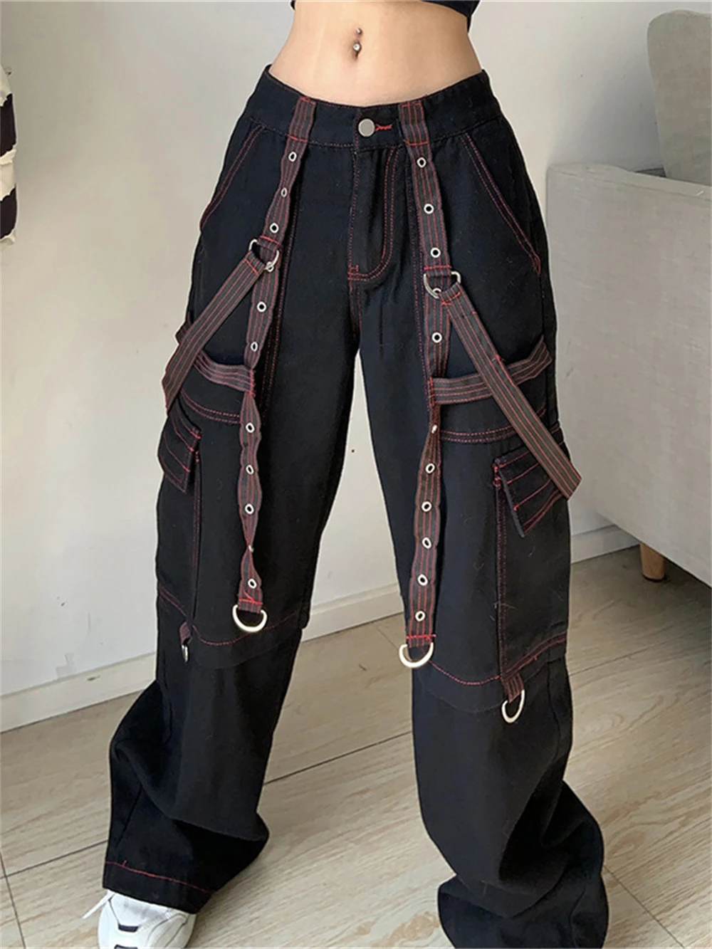 Punk Wide Leg Pants Women Techwear Emo Alt Grunge Cargo Jeans Cyber Y2k