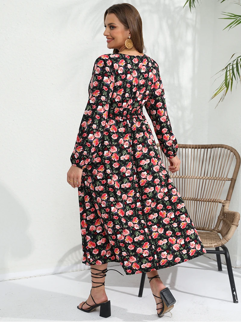 High Waist Elegant Plus Size Long Dress Women V Neck Sexy Big Size Summer Beach Dress Rose Floral Long Sleeve Dresses For Woman