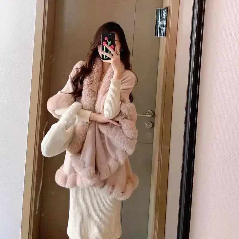 Knitted Cardigan Cloak Shawl Women Cashmere Sweater Coat Tops Winter Faux Fur Poncho Jacket Irregular 3D Hair Fur Balls Decor