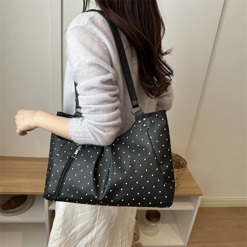 Borsa a Tracolla Coreana a Pois Retrò Carina con Cerniera Vintage Grande Capacità Sottospalla Casual Quotidiana Nuova di Tendenza per Donne Shopping Lavoro - immagine 5