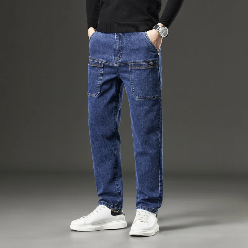 6 Pocket Design Denim Jeans Men's 2024 New High Elasticity Denim Casual Trousers Straight Male Pants Fashion Mid-waist Jeans 3