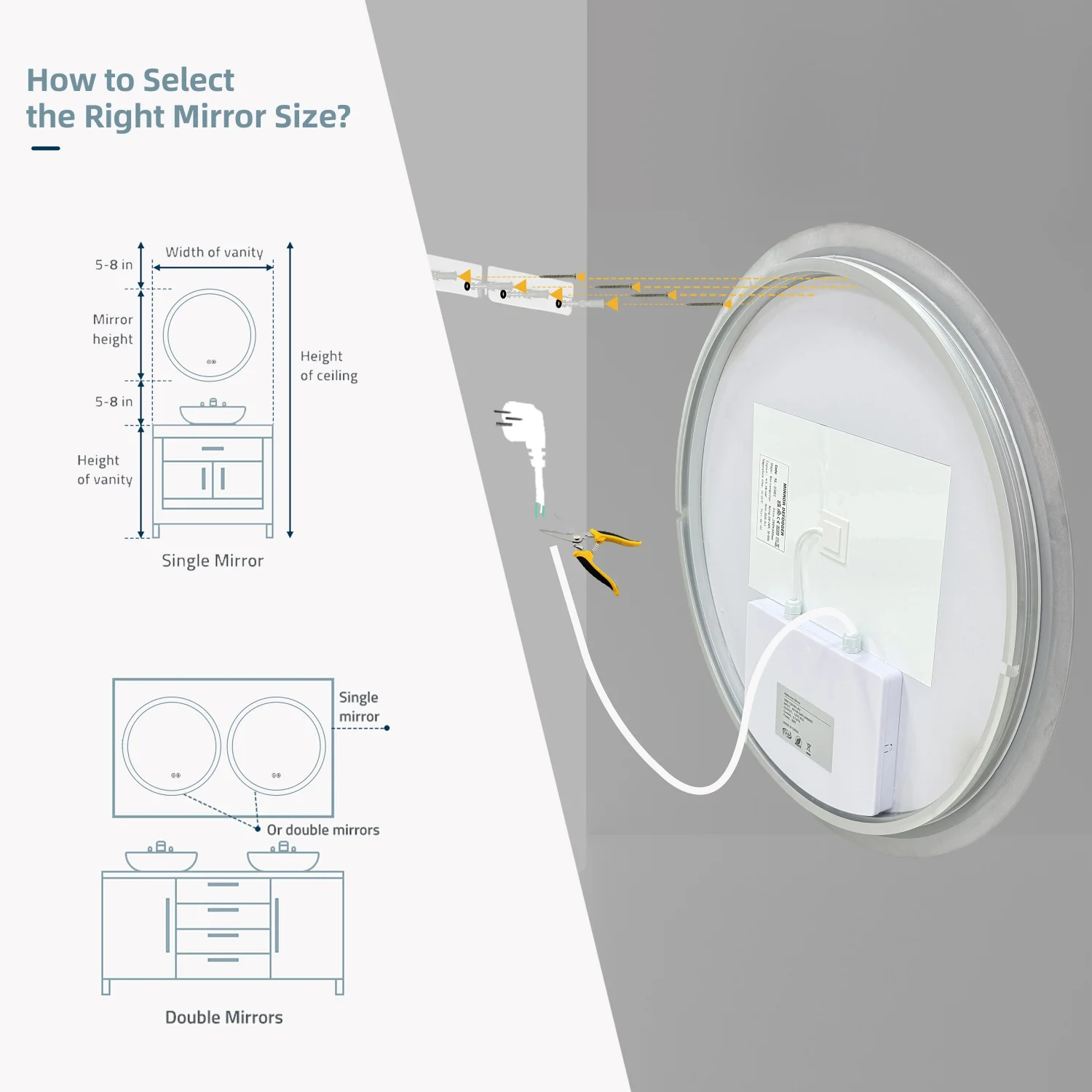 50/60/70/80CM LED Round Bathroom Mirror Anti-Fog, Dimmable, Backlit Vanity Mirror for Wall 3 Colors, Memory Function